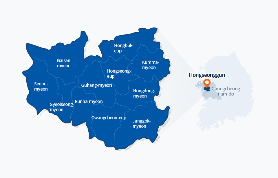 General Information Map : Honglouk-myeon, Geumma-myeon, Hongdong-myeon, Janggok-myeon, Gwongchein-myeon, Eunha-myeon, Gyeolseong-myeon, Seobu-myeon, Galsan-myeon, Hongseong-myeon, Guhang-myeon