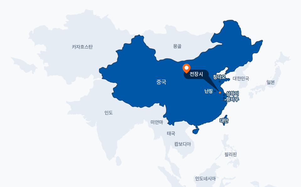 중국 장쑤성 전장시 지도 이미지로 전장시는 중국대륙의 오른쪽 중하부에 위치하며 난징과 상하이 사이에 위치해있습니다