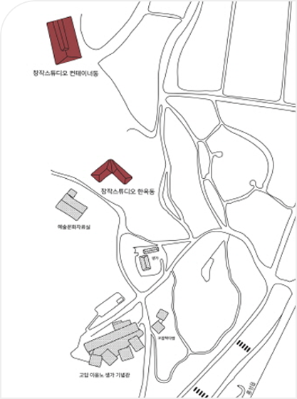 이응노의집 창작스튜디오 약도 이미지 - 7시방향 고암 이응노 생가기념관(뒤편으로 북카페), 예술문화자료실, 창작스튜디오 한옥동, 창작스튜디오 컨테이너동